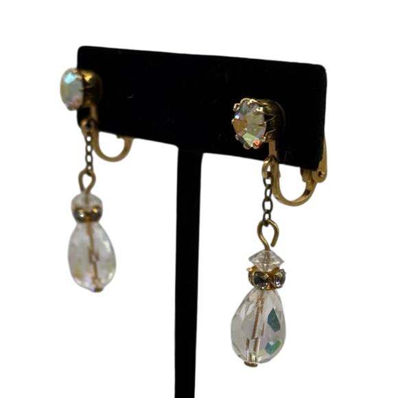 Vintage Gold tone Crystal Dangle Drop Earrings Dressy Glam Eveningwear Sparkle - Picture 2 of 10